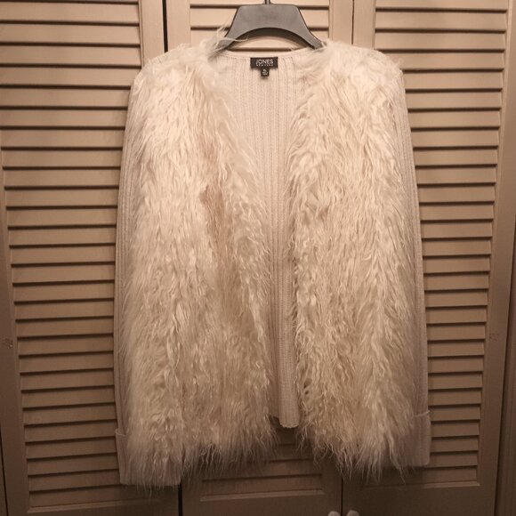 Jones New York Open Front Long Sleeve Cardigan Sweater with Fur Trim. - Picture 1 of 5